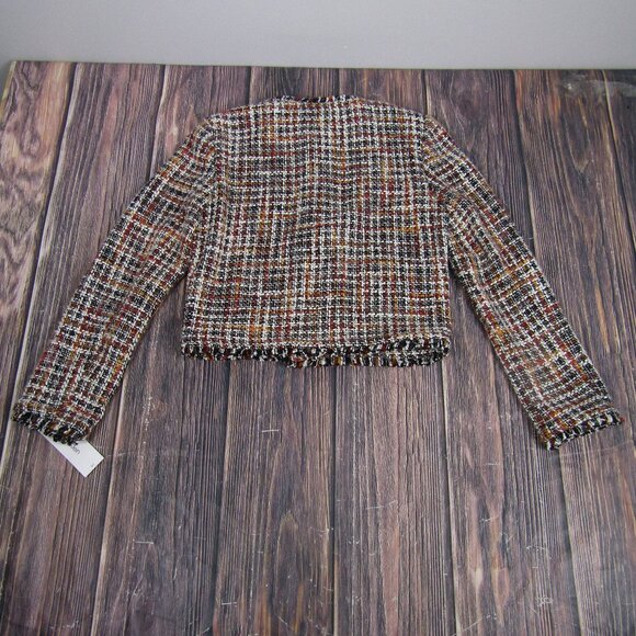 Calvin Klein Blazer Womens 6 Black White Tweed Boucle Fringe Cropped Open Front - Picture 6 of 8